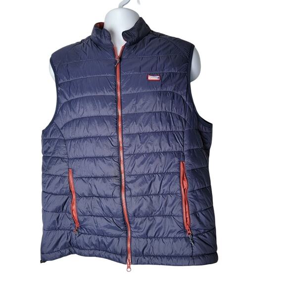 Johnnie-O Men’s Large Quilted Puffer Vest Navy Blue Red Trim Zip Front Casual - Picture 1 of 11
